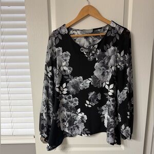 Laura Black & White Floral Blouse | Size M | Sheer Sleeve Elegant Top